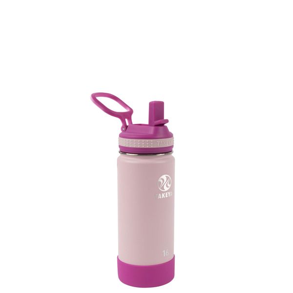 Takeya Actives Kids 16 oz Vacuum Insulated Stainless Steel Water Bottle with Straw Lid, Blush/Super Pink