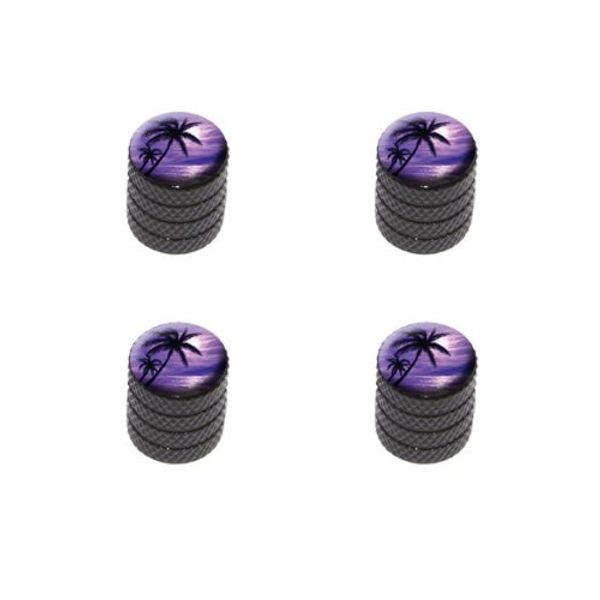 Purple Beach Sunset - Ocean Palm Tree Vacation Paradise Tire Rim Wheel Aluminum Valve Stem Caps - Black Color