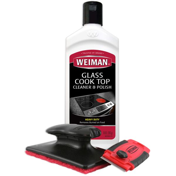 Weiman Cooktop and Stove Top Cleaner Kit - Glass Cook Top Cleaner and Polish 10 oz. Scrubbing Pad, Cleaning Tool, Razor, Scraper