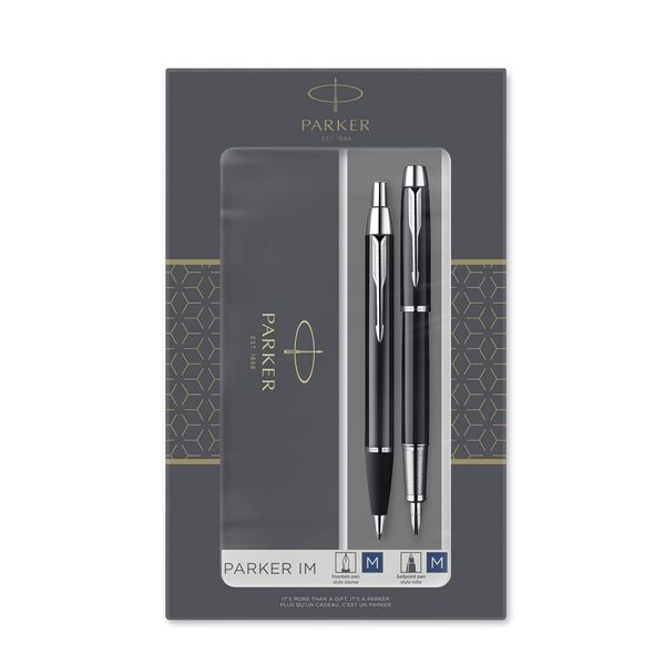 Parker IM Duo Gift Set with Ballpoint Pen & Fountain Pen | Gloss Black with Chrome Trim | Blue Ink Refill & Cartridge | Gift Box