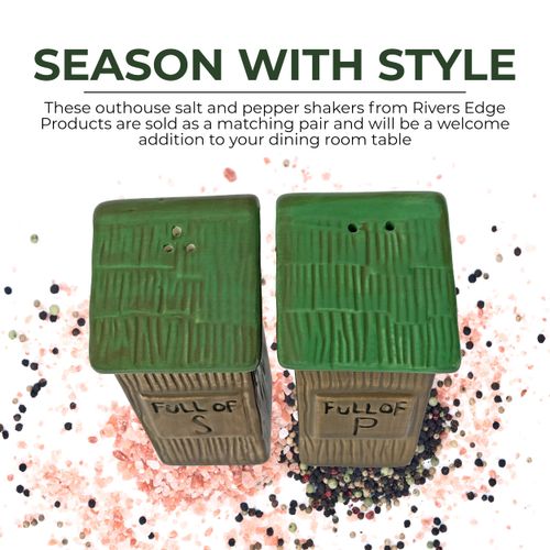 Rivers Edge Products Salt and Pepper Shakers Set, Unique Poly Resin Spice Dispenser, Novelty Kitchen Counter Decor, Outhouse