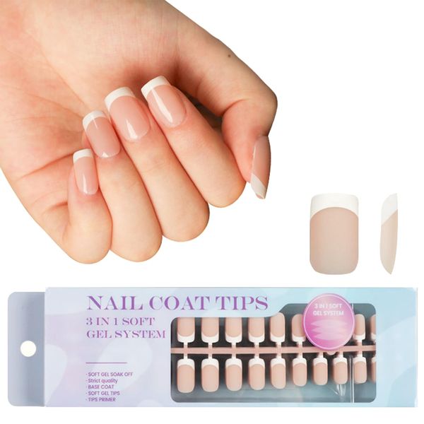 French Gel Nail Tips - 3 in 1 Nails Tips 300Pcs Square Coffin French Press on Nails - Pre-applied Tip Base Coat Cover - 15 Size Nude Soft Gel Fake Nails for Nail Extension Easy DIY (Square French)