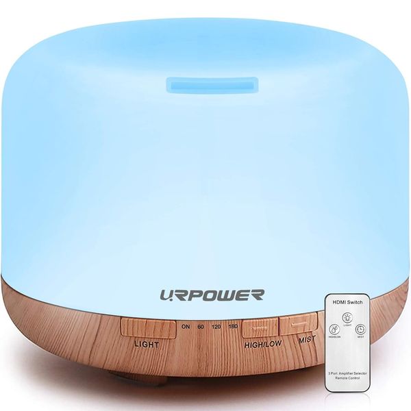 URPOWER 500ml Essential Oil Diffuser with Cool Mist Humidifier Function - 7 Color Changing LED Lights, 4 Timer Modes & Auto Shut-Off Ultrasonic Aromatherapy Scent Diffuser for Home, Office