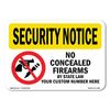 No Concealed Weapons OSHA Security Notice Sign Metal Plastic Decal