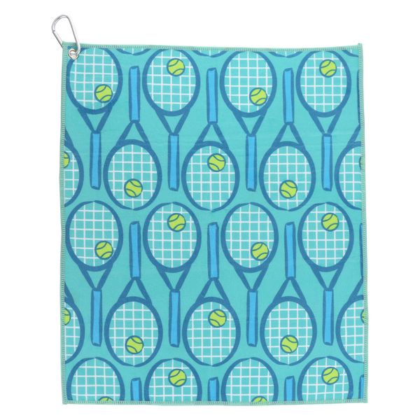 Millie Rose Tennis Towels in Multi Fashion Prints - Soft Microfiber Cotton 15x17 inch Tennis Towels with Carabiner Clip - Tennis Gifts (Blue & Green Tennis Racket)