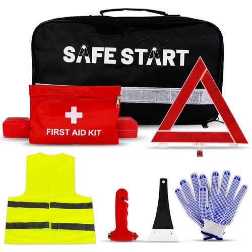 Safe Start Car Emergency Kit - Car Safety Kit with First Aid, Safety Hammer, Reflectors, Gloves, Ice Shovel - Compact Roadside Tool Kit for Repairs, Snow, Accidents - Protect Your Family on The Road