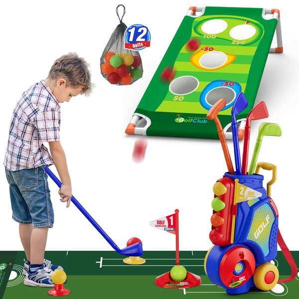 HYES 2 in 1 Toddler Golf Set, Upgraded Kids Golf Clubs with 12 Balls, Cornhole Board & Putting Mat, Shoulder Strap, Indoor Outdoor Sport Toys Gift for Boys Girls, Blue