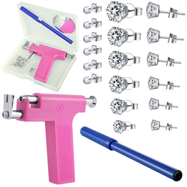 Hicarer Ear Piercing Kit Nose Piercing Tool Stainless Steel Body Ear Navel Piercing Machine with 12 Pairs Stud Earrings Piercing Jewelry Set (Pink)