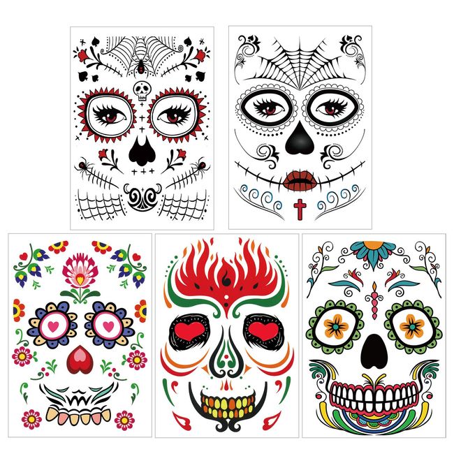 Halloween Temporary Face Tattoos, Black Skeleton Web Red Roses Full Face Mask  Tattoo for Women Men Adult Kids Boys Halloween Party Favor Supplies 