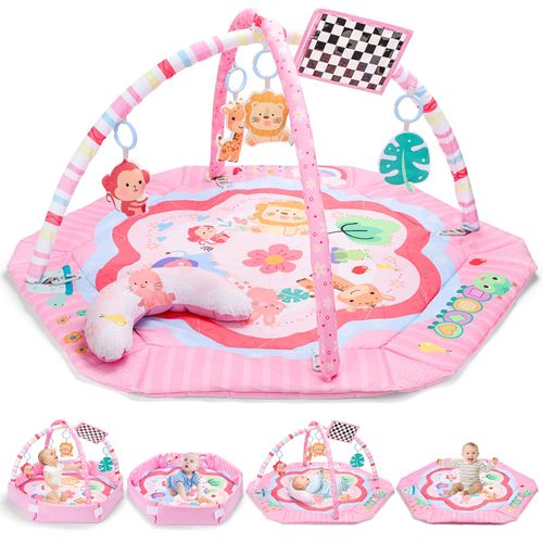 deAO Baby Gym Play Mat Tummy Time Mat Baby Activity Mat with Hanging Sensory Toys Motor Development Playmat, Washable Playmat Ball Pit Soft Pillow Babies Gift for Infant 0-3-6-12 Months