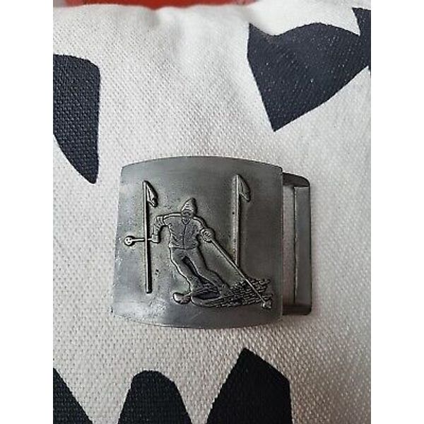 Downhill Slalom Alpine Skier Skiing Mountain Slopes Vintage Pewter Belt Buckle