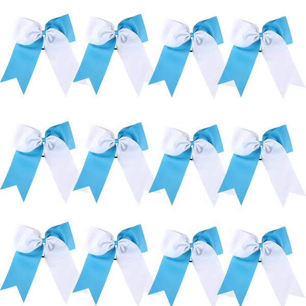 8 Inch 2 Colors Jumbo Cheerleader Bows Ponytail Holder Cheerleading Bows Hair (Light blue/White)