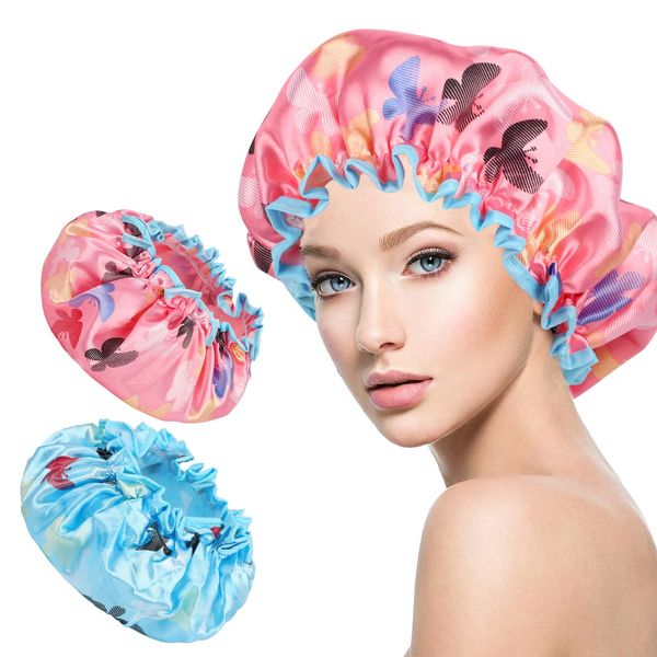 2 Pcs Premium Reusable Waterproof Shower Cap for Women， Durable, Waterproof, and Generously Sized, Long-Lasting and Comfortable Shower Cap for Women's Hair Care (Butterfly)