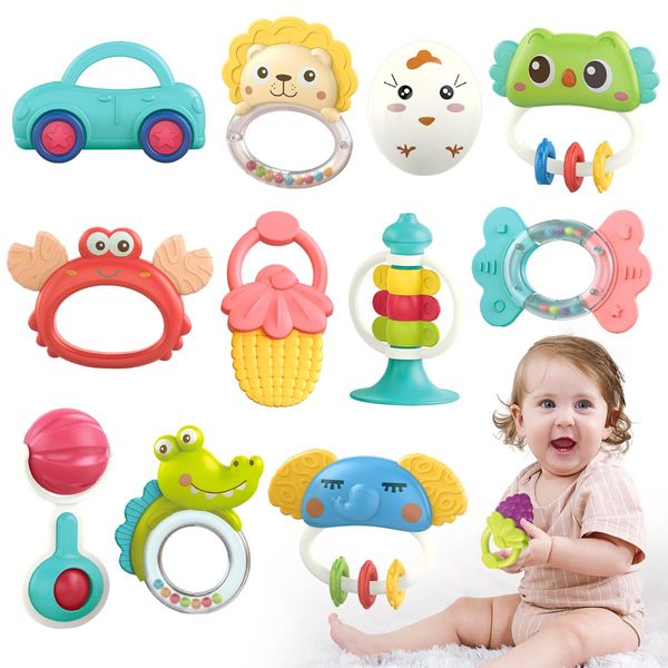 Qizebaby Baby Toys 6 to 12 Months, 12PCS Rattle Baby Teething Toys, Shaker Grab and Spin Rattles Toy, Music Learning Toys for 0 1 2 3 4 5 6 7 8 9 10 11 12 Month Newborn Baby Infant Toddlers Boys Girls