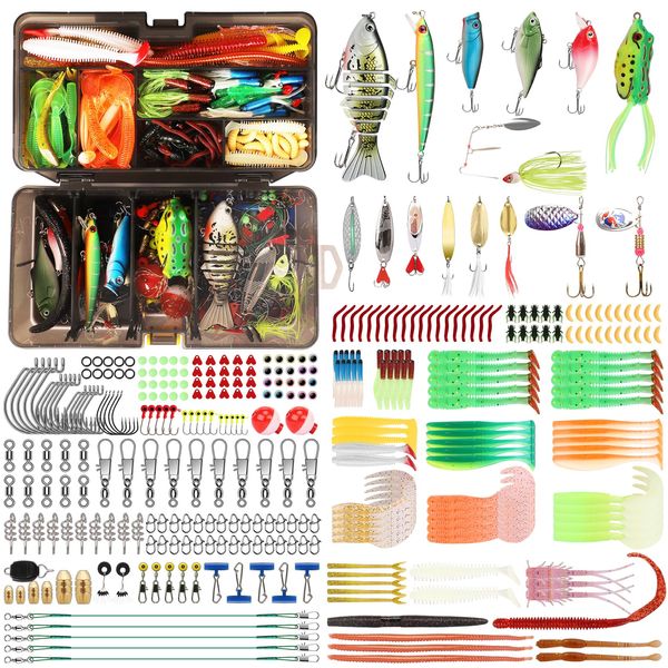 TRUSCEND Fishing Lures Accessories Kit with Tackle Box - Fishing Hooks Minnow Crankbait Frog Popper Lure Worm Fishing Spoon Spinner Baits - Jig Head Fishing Weights Sinkers - Fishing Gifts for Men