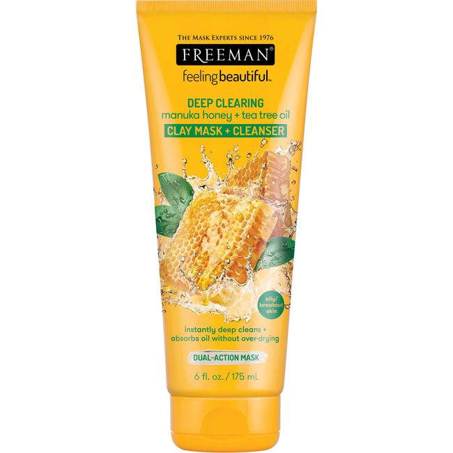 FREEMAN Deep Clearing Manuka Honey & Tea Tree Oil Clay Mask + Cleanser, Healing and Skin Purifying Beauty Face Mask, 6 fl oz tube/175 mL