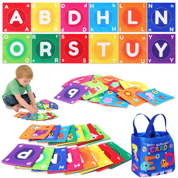 26Pcs Baby Soft Alphabet Cards,Alphabet Baby Flash Cards with Storage Bag,Toddler Flash Cards,Washable Soft Letter Early Educational Toy,Reusable Soft Flash Cards,ABC Flash Cards for Boys and Girls