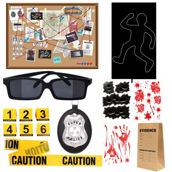 Kyson Halloween Crime Scene Decor Kit-Murder Mystery Dinner Party Decorations Includes Body Silhouette Caution Tape Evidence Marker Bag Bloody Stickers Badge Spy Glasses (15 Pieces)