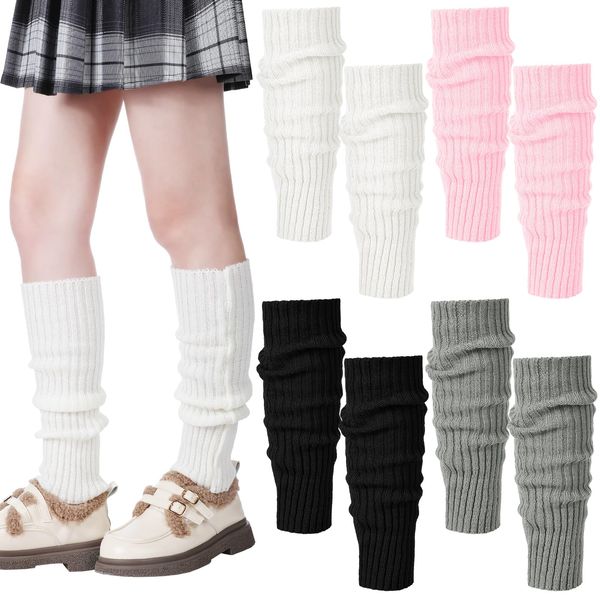 Ramede 4 Pairs Kawaii Leg Warmers Loose Knitted Leg Warmers Wool Ball Cute Leg Warmers for Girls Women Lolita Costume School (Stripes)