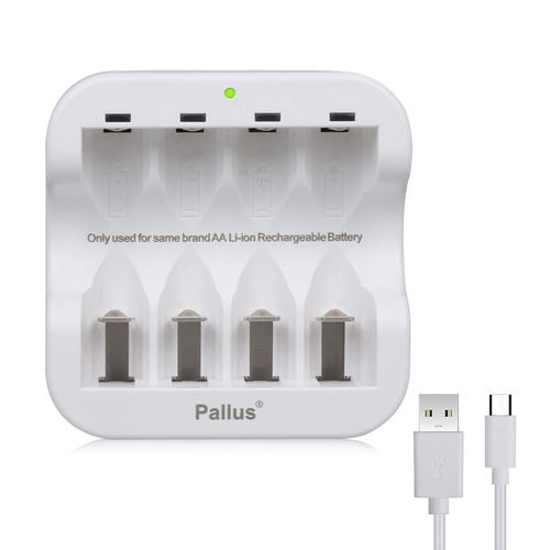 Pallus 1.5v Rechargeable AA and AAA Lithium Battery Charger, 4 Bay USB High-Speed Charging for Rechargeable Li-ion AA and AAA Batteries, No Adapter, No Batteries
