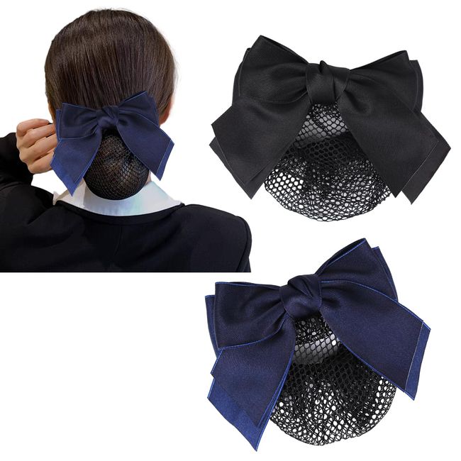 2 PCS Professional Hair Plate Mesh Pocket,Bow Work Hair Clips,Elastic Hair Nets,Net Mesh Hair Clip Elastic Bun Cover Hair Snood with Bow,net snood hairnet bowknot decor barrette (Black + Blue)