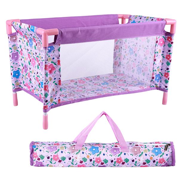 BABESIDE Reborn Baby Doll Crib, Baby Doll Bed, Foldable Doll Playpen Toy for 17-21 Inch Dolls, Reborn Baby Doll Accessories with Storage Bag, Doll Pack n Play Kids (Purple)