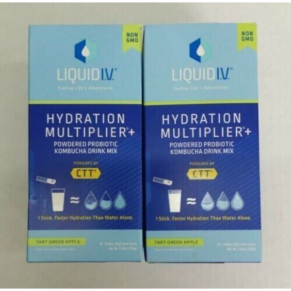 2 Pack Liquid I.V. Hydration Multiplier + Probiotic Mix GREEN APPLE  EXP 2/24