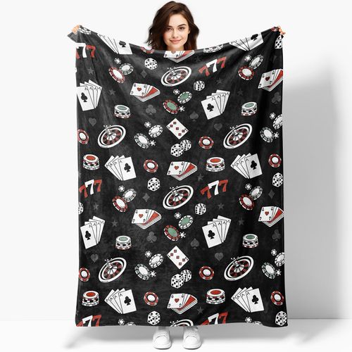 MHunter 50'' x 40'' Single-Sided Flannel Blanket, Casinos and Poker-Inspired Design, Large Cozy Throw Blanket for Gamblers, All-Season Warm Blanket for Sofa, Chair, Bed, Home, Men and Women
