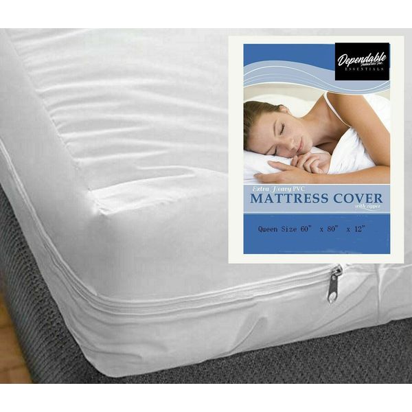 Queen Size Vinyl Mattress Protector Zippered Encasement Cover 100% Waterproof Prevent Stains and Spills White