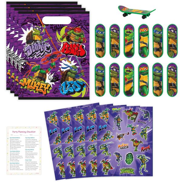 Unique Ninja Turtle Party Favors Pack - 16 Guests - TMNT Party Favor Bags, Sticker Sheets, Mini Skateboards, Checklist - Teenage Mutant Ninja Turtle Party Decorations & Supplies