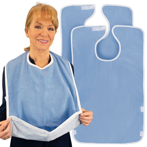 Vive Adult Bibs (2 Pack) - Waterproof Apron Set for Men, Women for Eating with Adjustable Strap - Washable Reusable Large Terry Cloth for Elderly, Seniors and Disabled - Extra Long Clothing Protector