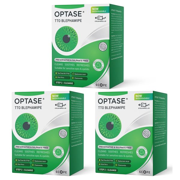 Optase TTO BlephaWipe Eyelid Cleansing Wipes - Triple Pack - for Daily Eyelid Hygiene & Relief for Blepharitis, Tired and Dry Eyes - 3x20 Wipes