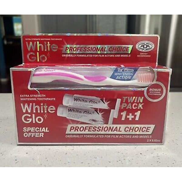 NEW WHITE GLO PROFESSIONAL CHOICE TWIN PACK 5.02OZ TOOTHPASTE  & 1 TOOTHBRUSH
