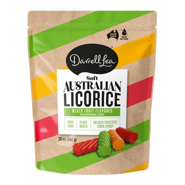 Darrell Lea Soft Australian Licorice, Mixed Fruit Flavor, 20 Ounce Bag (Pack of 1) | Non-GMO, No Palm Oil, Plant Based, No High Fructose Corn Syrup | Soft & Chewy Licorice Candy, Made in Australia