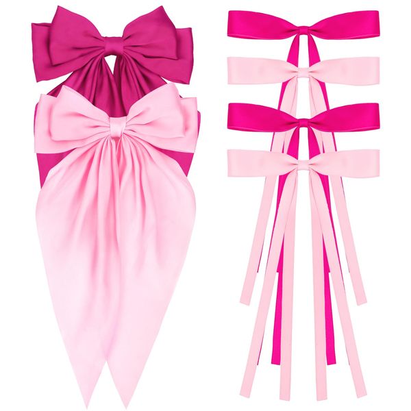 ANBALA Big Hair Bows for Women, 6 PCS Satin Ribbon Hair Bows Set, Tassel Bowknot Hair Clips with Long Tail, Cute Hair Barrettes Bowknot Tassel Bow Hair Clips for Girls (Pink, Hot pink)