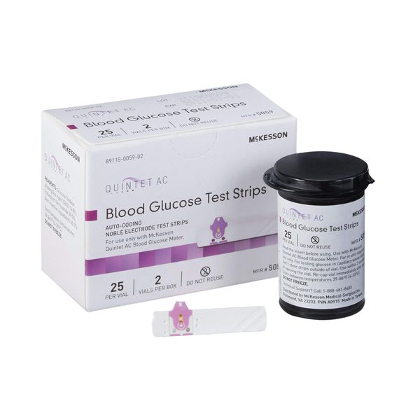 McKesson Quintet AC Blood Glucose Test Strips - Auto Coding, Noble Electrode Strips, for Self-Testing and Point-of-Care Testing of Whole Blood Glucose, 50 Strips, 1 Pack