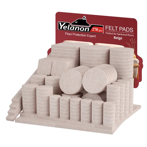 Yelanon Felt Furniture Pads -278 Pcs Furniture Pads Self Adhesive, Felt Chair Pads, Anti Scratch Floor Protectors for Furniture Feet Chair Legs, Furniture Felt Pads for Hardwoods Floors, Beige