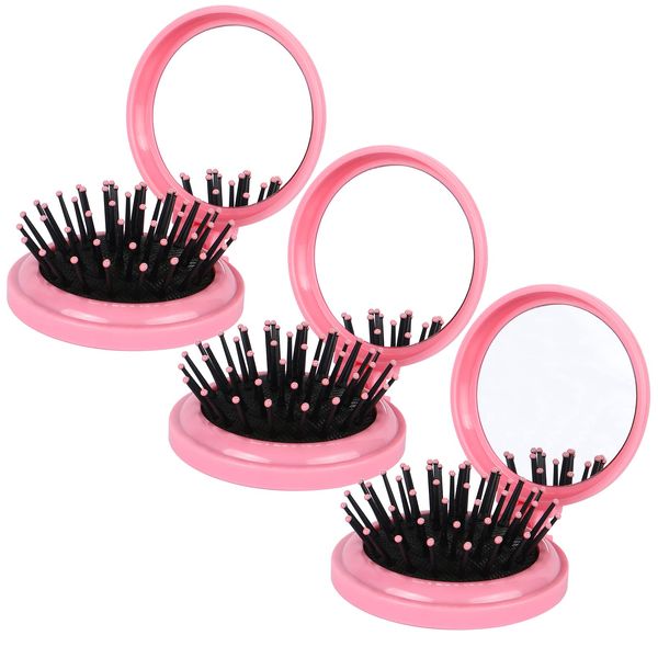 TOSAMZOO 3PCS Folding Travel Hair Brush with Mirror, Mini Comb/Wet Brushes, Compact Purse Pocket Hair Massage Combor for Women and Girls（Pink）