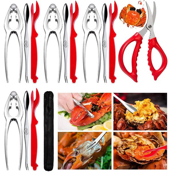 14-piece Seafood Tools Set includes 4 Crab Crackers, 4 Lobster Shell knife, 4 Crab Leg Forks, Seafood Scissors & Storage Bag - Nut Cracker Set