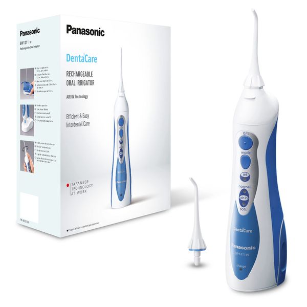 Panasonic EW1211W Water Flosser Cordless, Rechargeable Dental Oral Irrigator with 3 water pressure setting, Blue/White, UK 2 Pin Plug