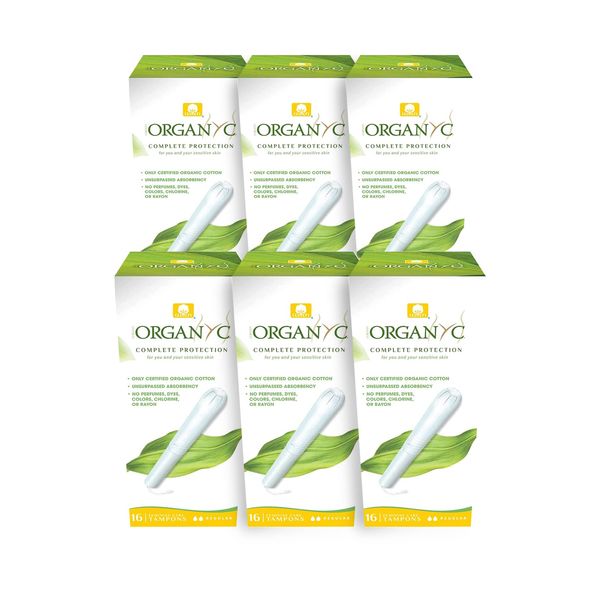 Organyc - 100% Certified Organic Cotton Tampons - Cardboard Applicator, Free from Chlorine, Perfumes, Rayon, and Chemicals, Regular Flow, 16 Count (Pack of 6).