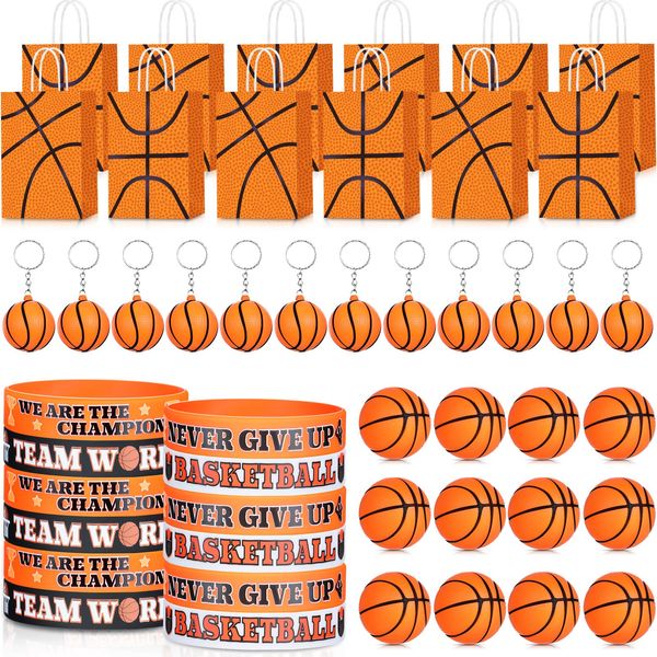 Leinuosen 48 Pcs Basketball Party Favors Supplies Including 12 Basketball Party Gift Bags 12 Mini Basketball Stress Balls 12 Basketball Keychains 12 Basketball Motivational Silicone Wristband