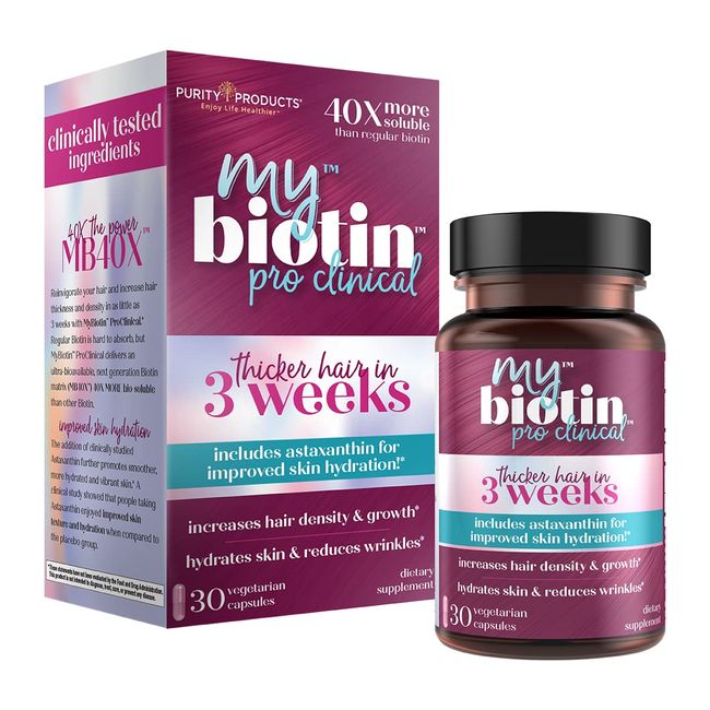 Purity Products MyBiotin ProClinical – Thicker Hair in 3 Weeks & Fights Wrinkles - MB40X Patented Biotin Matrix w/Astaxanthin - 40X More Soluble vs Ordinary Biotin – Hair, Skin & Nails - 30 Veg Caps