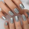 Silver Glitter Short Square Press On Nails - Glue On False Set - 24 pieces Kit