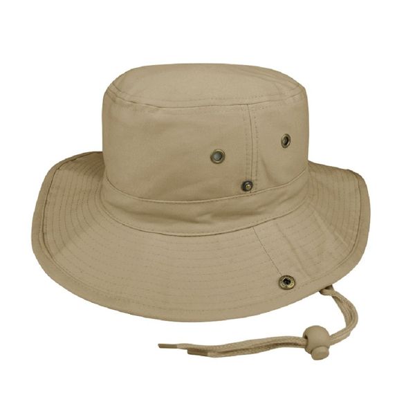 MG Brushed Twill Aussie Side Snap Hat w/ Chin Cord (Khaki, Small)
