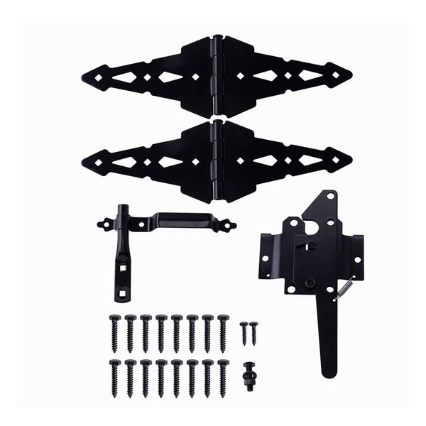 HOME MASTER HARDWARE Wood Gate Hardware Set - Heavy Duty 8" Decorative Strap Hinges and Spring Loaded Latch Gate Kit with Screws for Outdoor Fence Swing Gate Black Finish