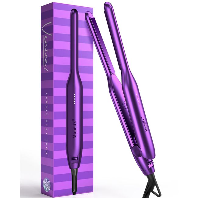 Manelix Pencil Flat Iron for Short Hair, 1/3 Inch Super Slim Mini Flat Iron Hair Straightener and Curler 2 in 1, Dual Voltage PTC and Ceramic Small Flat Iron Hair Straightener