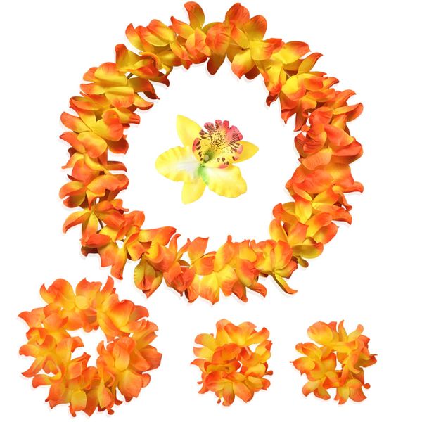 Hawaiian Leis Luau Tropical Headband Flower Crown Wreath Headpiece Wristbands Women Cute Floral Necklace Bracelets Hair Bands for Summer Beach Vacation Pool Party Decorations Favors Supplies Yellow