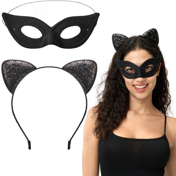 Spooktacular Creations Black Cat Masquerade Mask and Glitter Cat Ears Headband, 2PCS Black Cat Costume Accessories set for kids Adults Halloween Cosplay, Dress Up Party Outfits Props