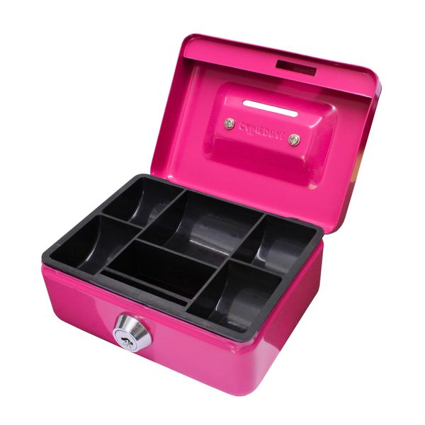 Cathedral Products Key Lockable Cash Box with Coin Slot and Lift Out 6 Compartment Coin Tray - 4 Inch - Pink